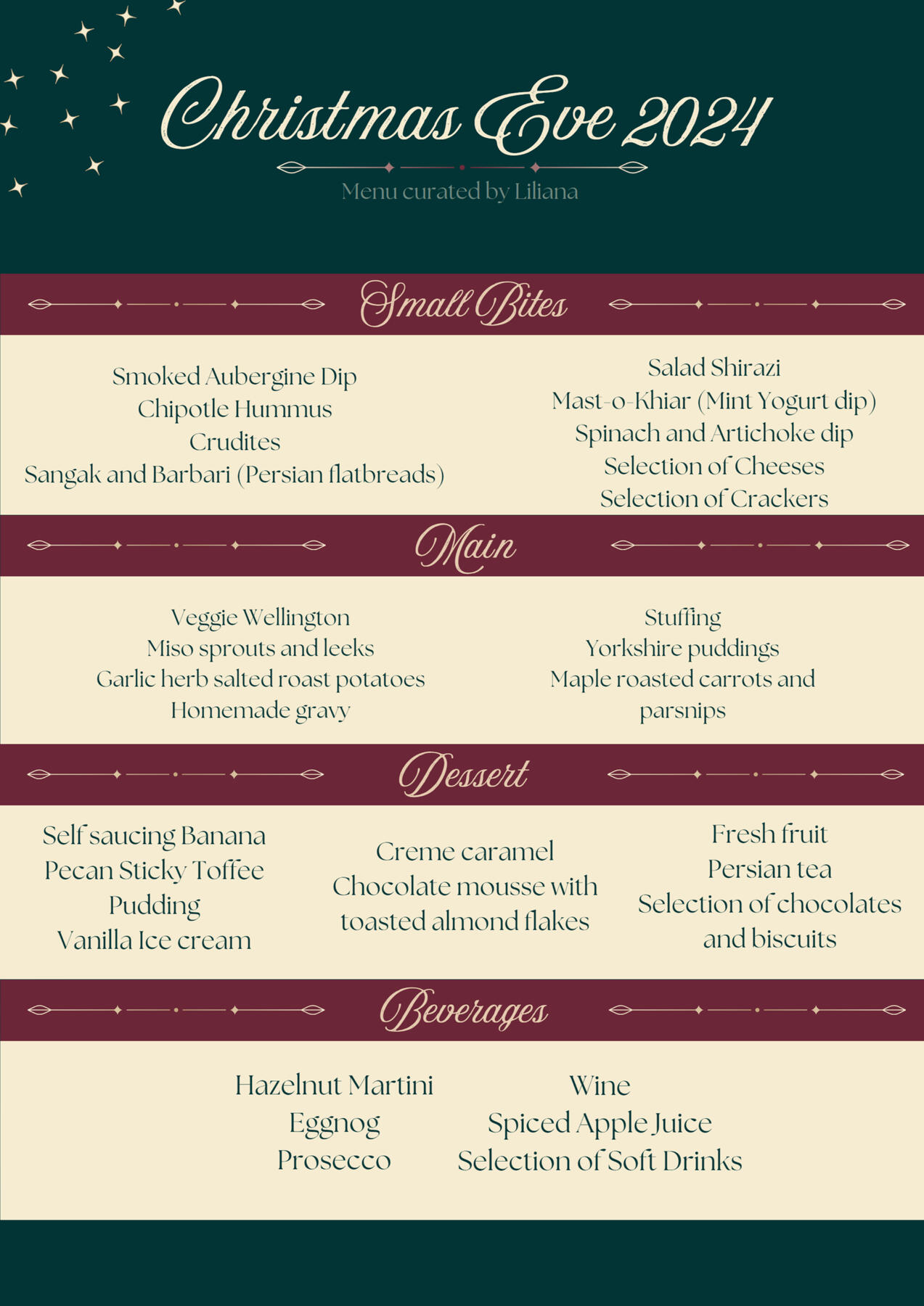 Christmas Eve menu I designed for guests at my dinner party